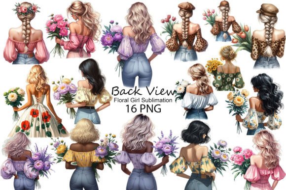 Download Back View Floral Girl Sublimation PNG - Premium Bundle