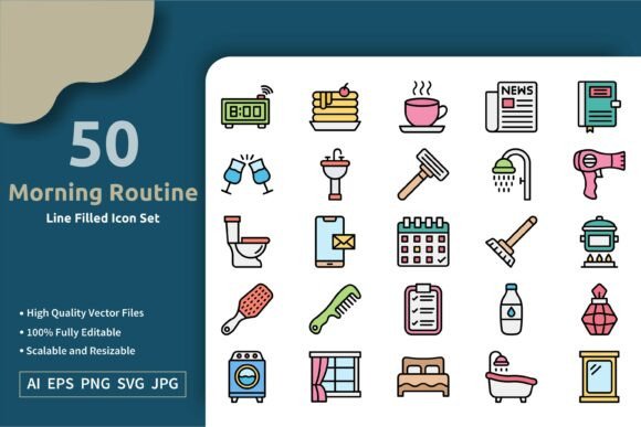 Download 50 Vector Morning Routine Filled Icon - Morning Collection
